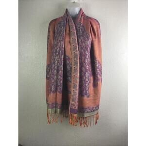 Woman’s Silk Blend Pashmina Wrap Scarf Peacock Orange & Purple Orange Fringe